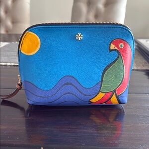 Tory Burch Blue Wristlet with Parrot and Sun Design- brand new w/tags
